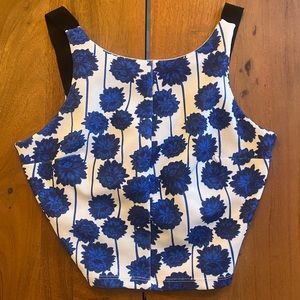 Topshop Crop Top Womens Blue White Floral Striped High Neck Tank Festival Size 0
